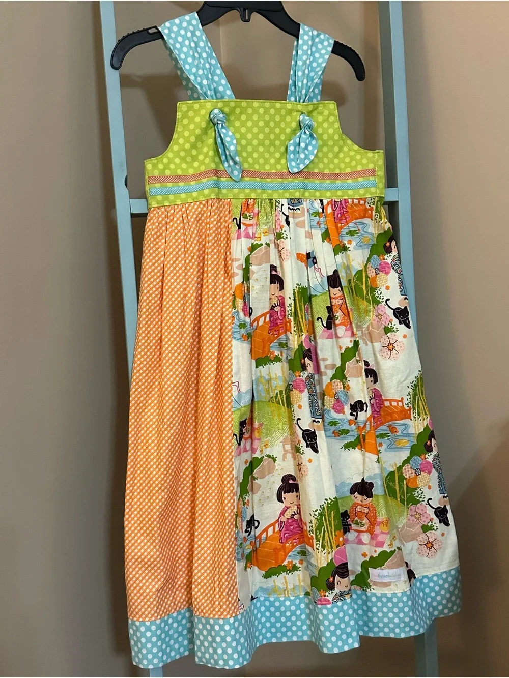 Girls Sz 8 RED THREAD STITCHES Boutique Dress w/ Kokeshi Style Fabric